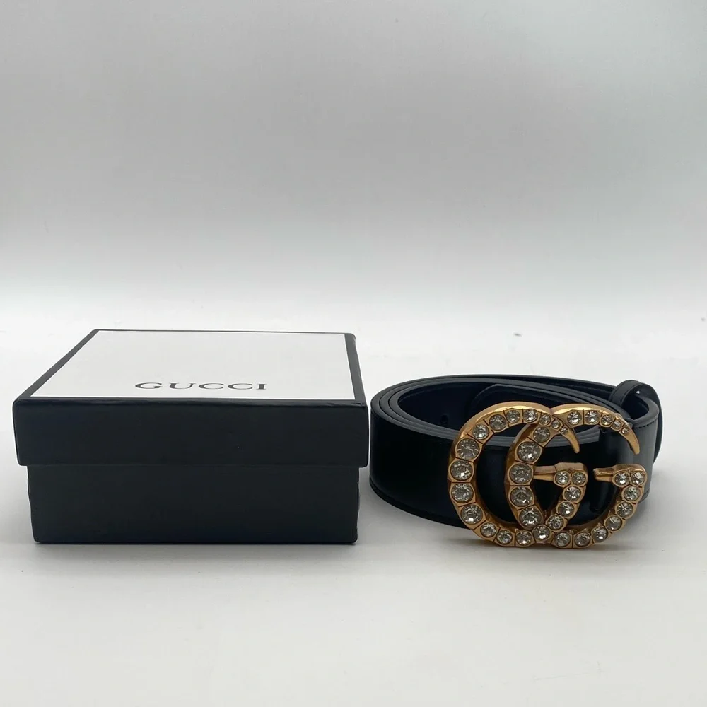 Gucci Black Leather Rhinestone Crystal GG Marmont Buckle Belt 110 XL W/ Box - Picture 3 of 14